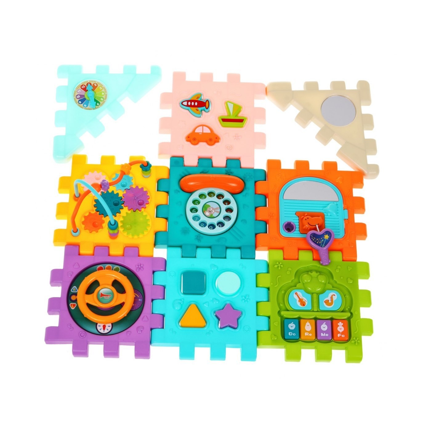 Senzorický multidomeček pro děti 18m+ Mini gry 9 Puzzlí + Pořadače + Hra senzorická + Hodiny