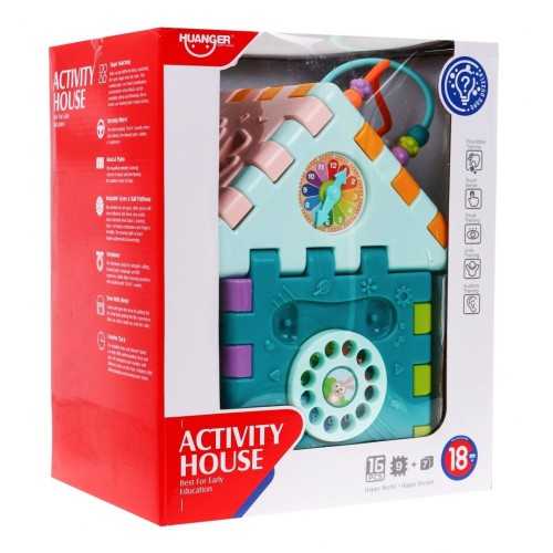 Senzorický multidomeček pro děti 18m+ Mini gry 9 Puzzlí + Pořadače + Hra senzorická + Hodiny