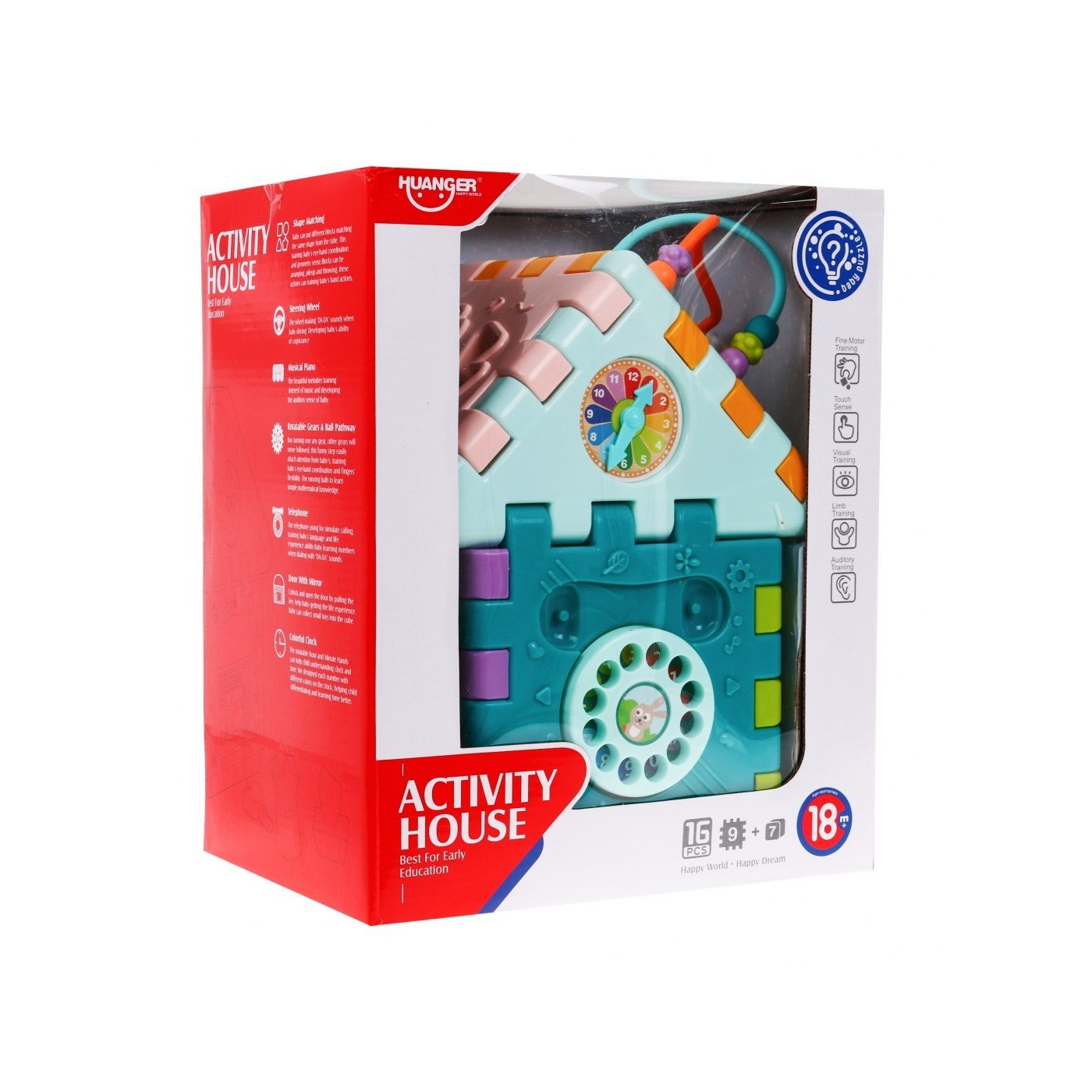 Senzorický multidomeček pro děti 18m+ Mini gry 9 Puzzlí + Pořadače + Hra senzorická + Hodiny