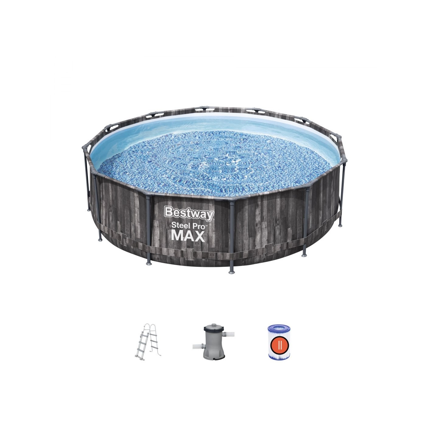 Steel Pro MAX Rack Pool 366x100 imitace dřeva 12 stop BESTWAY 4v1 + Pumpa Filtr + Žebřík
