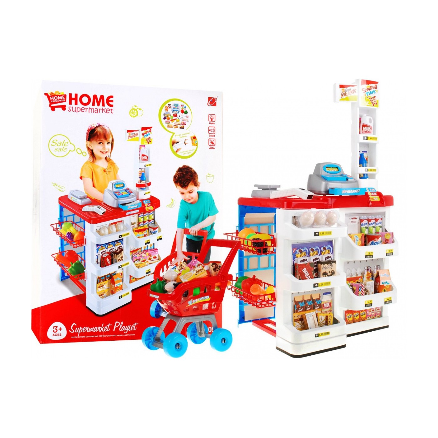Supermarket pro děti 3+ červená Fun v obchodě 24 el. Vozík + zboží + interaktivní skener