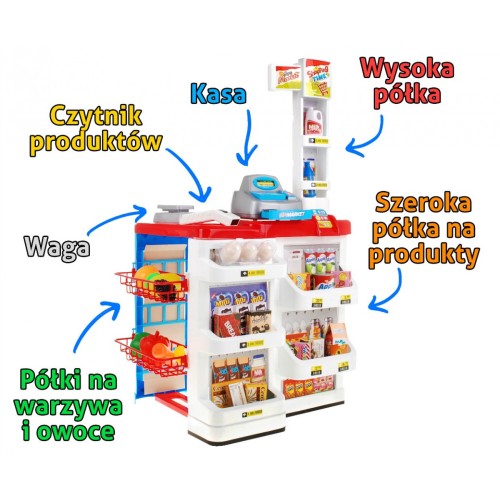 Supermarket pro děti 3+ červená Fun v obchodě 24 el. Vozík + zboží + interaktivní skener