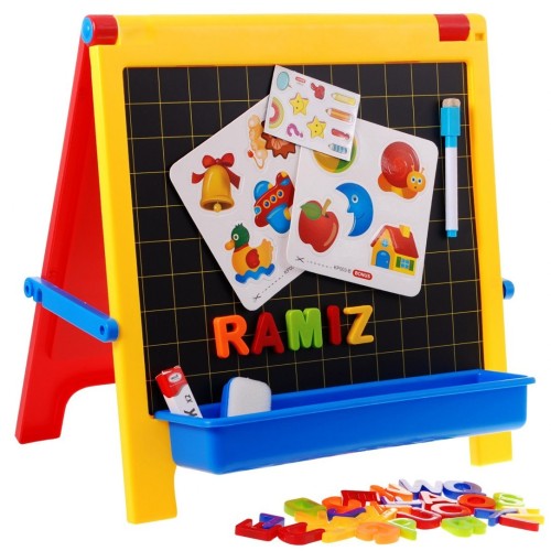 Oboustranná vzdělávací tabule 4v1 pro děti 3+ křídová tabule + magnetické kancelářské sponky + příslušenství