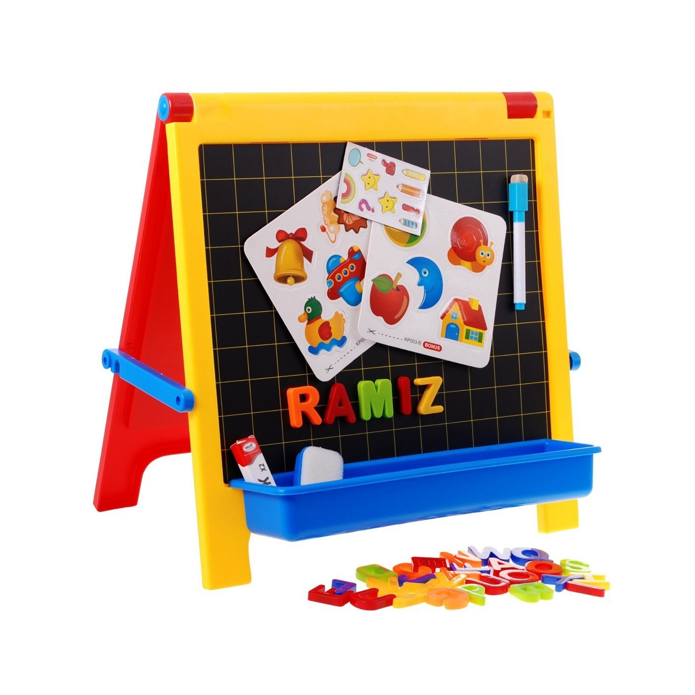 Oboustranná vzdělávací tabule 4v1 pro děti 3+ křídová tabule + magnetické kancelářské sponky + příslušenství