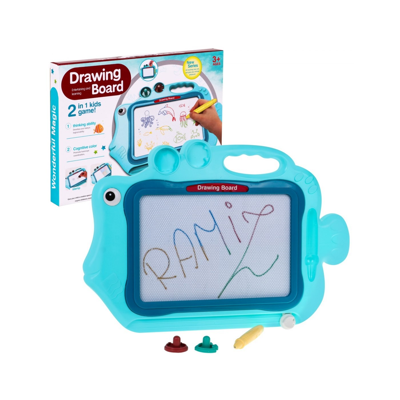 Psaní se smazáním Rybka pro děti 3+ Modrý + Barevné kresby + 2 Razítka
