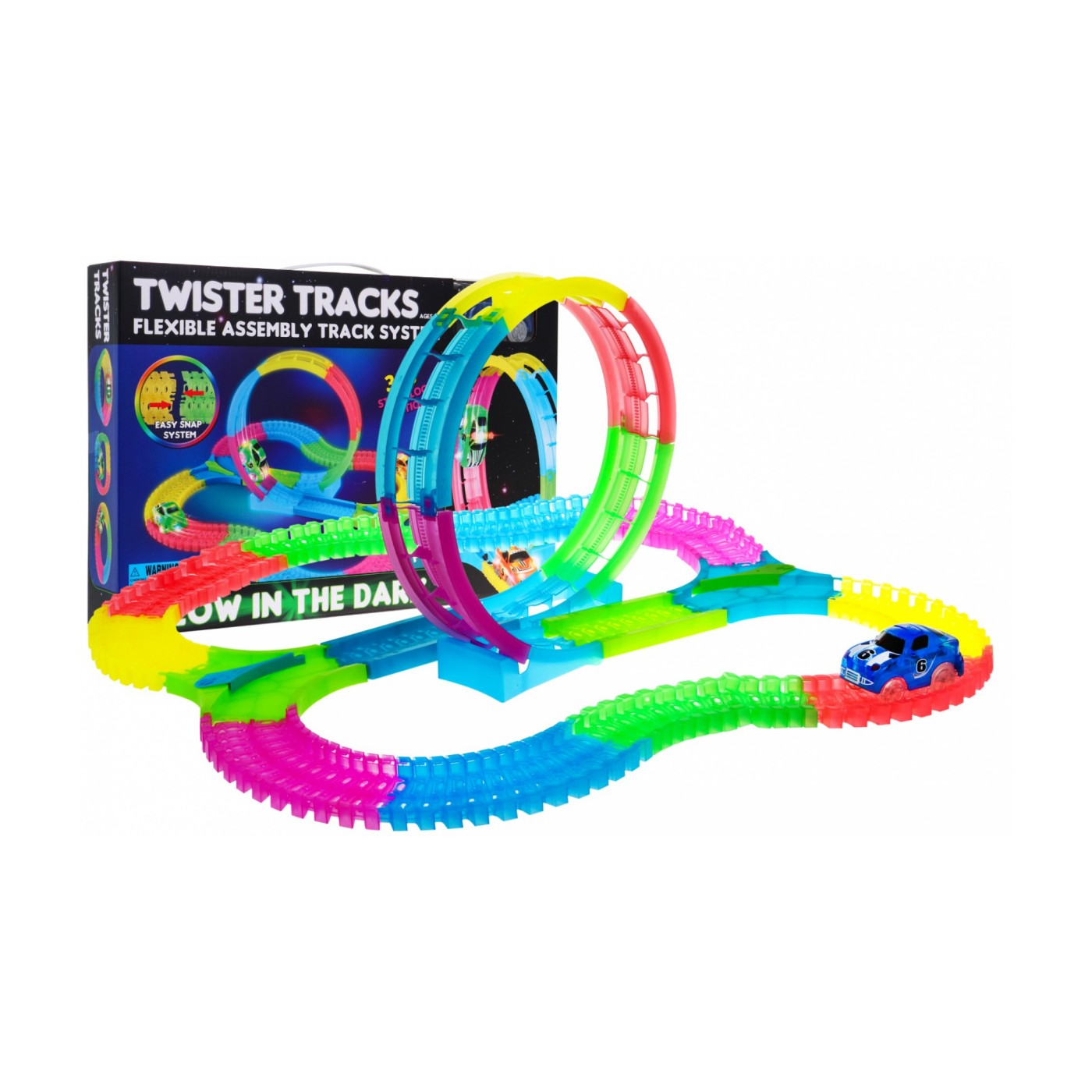 Závodní dráha svítící ve tmě pro děti 3+ Autíčko LED + Zatáčka 360 + Struktura 132 el.