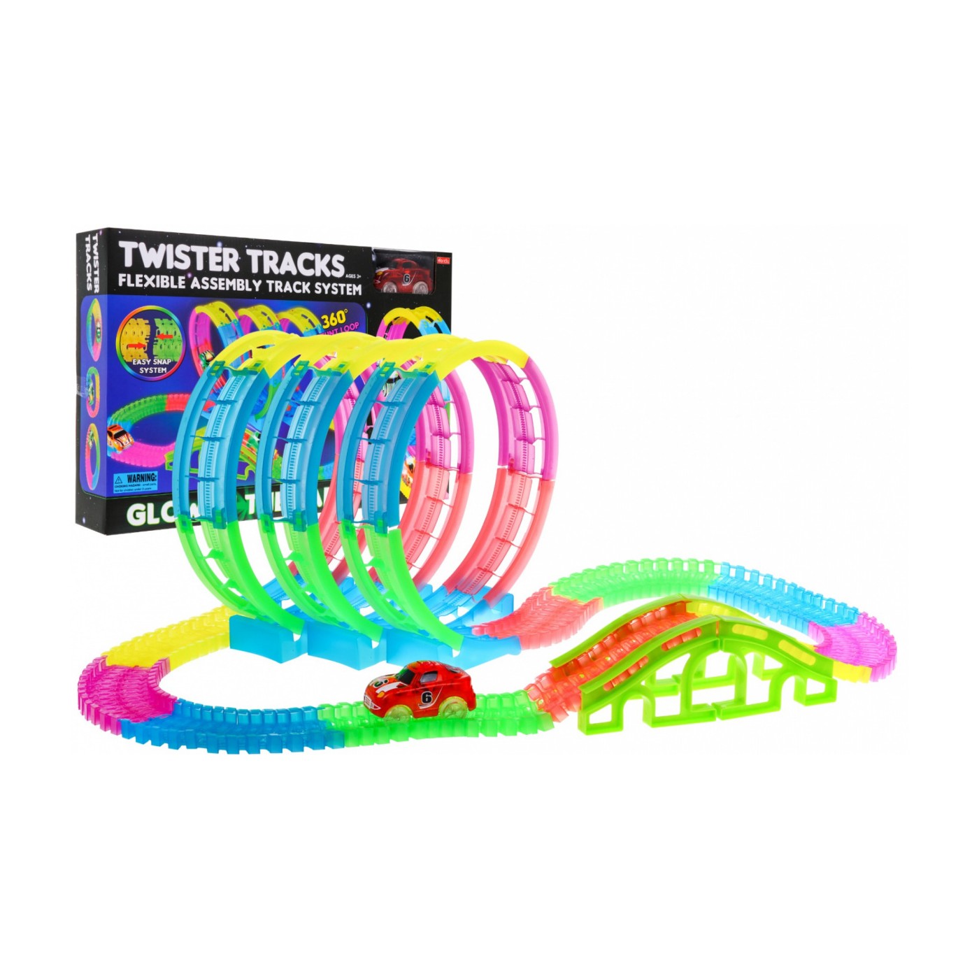 Závodní dráha svítící ve tmě pro děti 3+ Autíčko LED + 3 zatáčky 360 + Struktura 145 el.