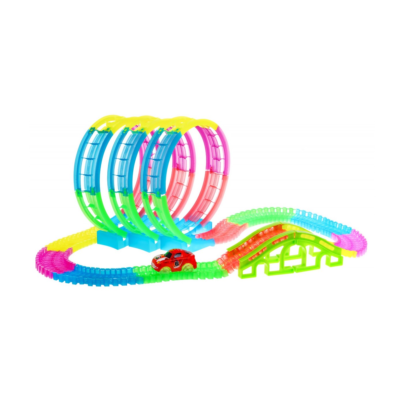 Závodní dráha svítící ve tmě pro děti 3+ Autíčko LED + 3 zatáčky 360 + Struktura 145 el.