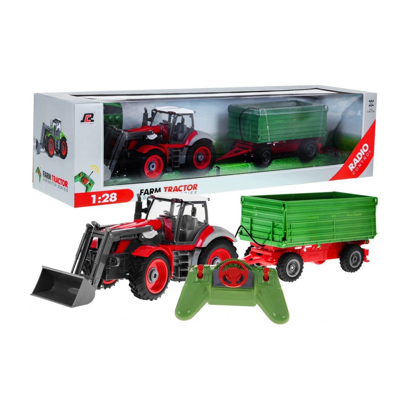 Rypadlový traktor a přívěsem pro děti 3+ dálkové ovládání + pohyblivé prvky červeno-zelená