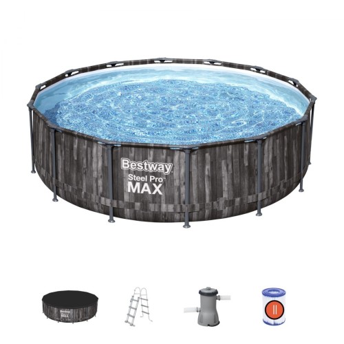 Steel Pro MAX Rack bazén 427x107 imitace dřeva 14 STOP BESTWAY 5v1 + Pumpa + Žebřík