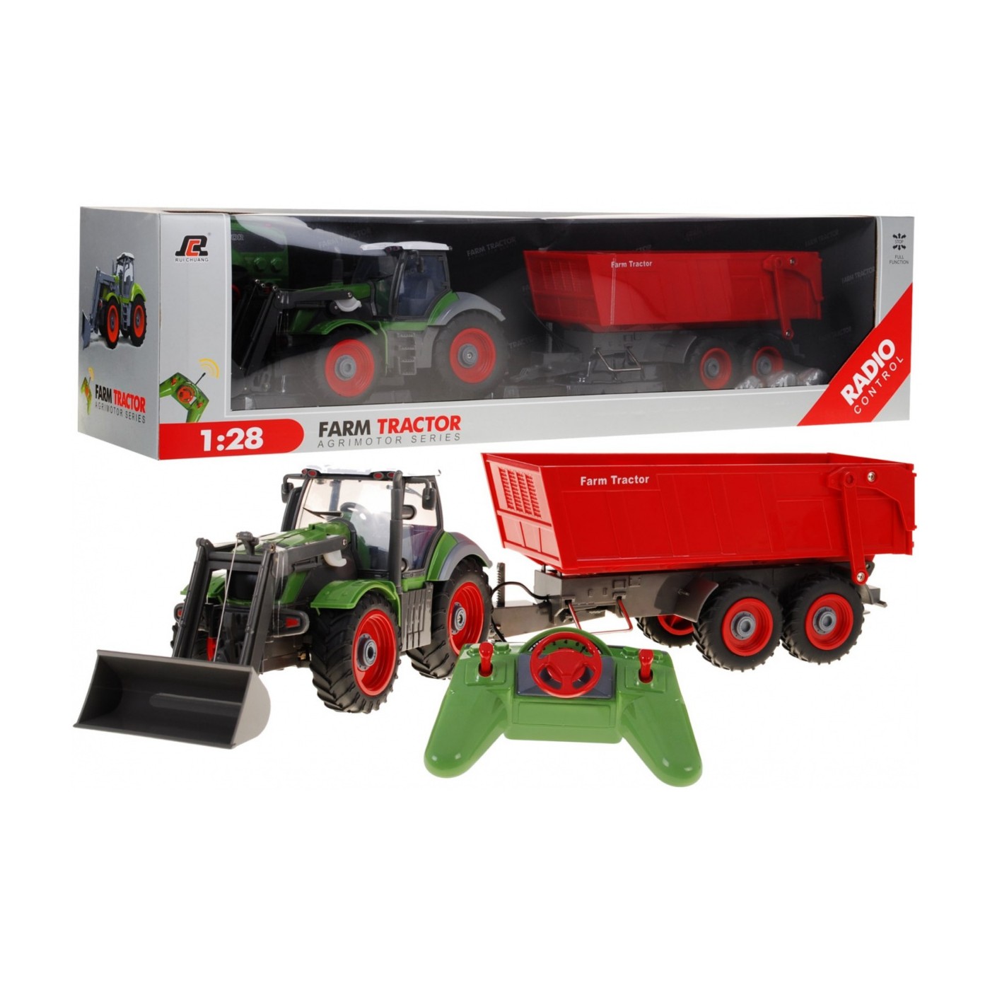 Rypadlový traktor a dětský přívěs 3+ dálkové ovládání + pohyblivé prvky zeleno-červená