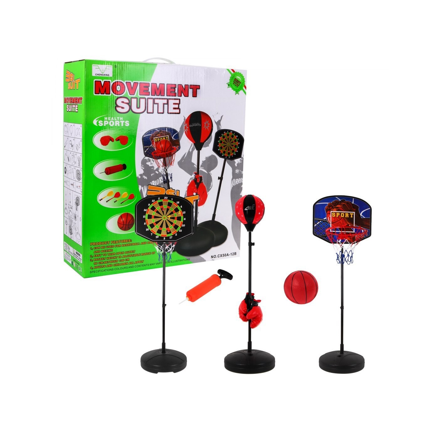 Dětská sportovní sada 3v1 3+ box + šipky + basketbal + doplňky