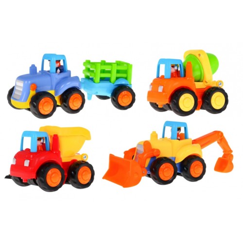 Sada 4 dětských vozidel 18m+ traktor míchačka betonu bagr sklápěč + pohyblivé díly + ruční pohon