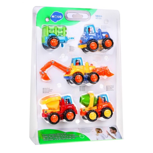Sada 4 dětských vozidel 18m+ traktor míchačka betonu bagr sklápěč + pohyblivé díly + ruční pohon