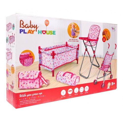 Sada doplňků pro dětské panenky 3+ Péče o miminka + Kočárek + Židlička na krmení + Postýlka + 2 tašky