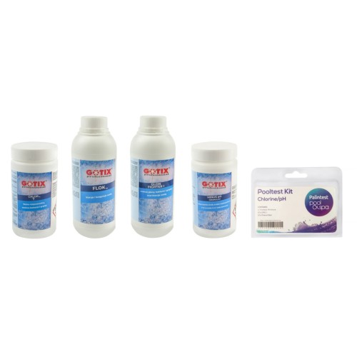 BESTWAY Pool Sada chemikálií pro čištění bazénů 5v1 Kit + Chlortix T + Floktix + Algae Fighter I + Minus pH + Testovací proužky