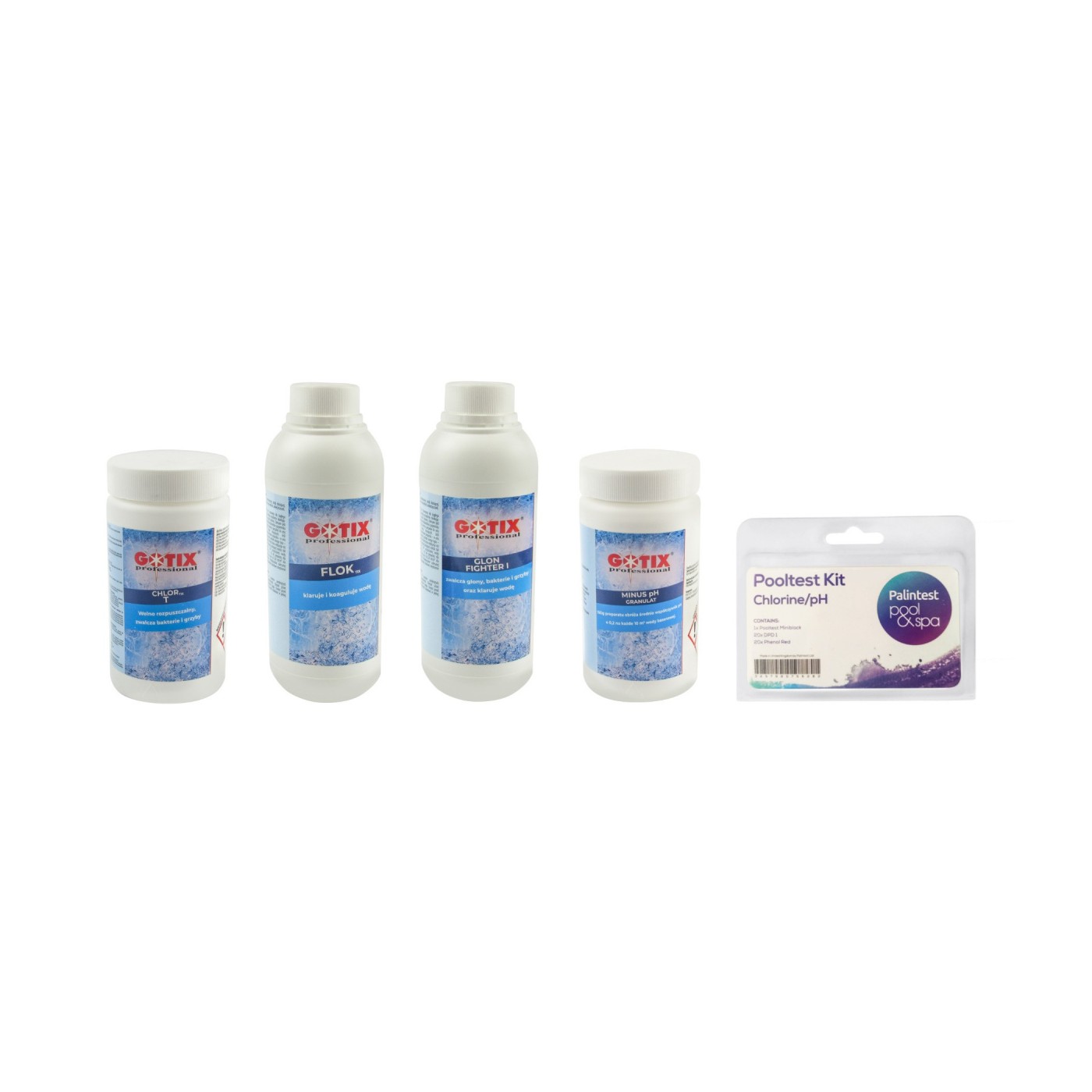 BESTWAY Pool Sada chemikálií pro čištění bazénů 5v1 Kit + Chlortix T + Floktix + Algae Fighter I + Minus pH + Testovací proužky