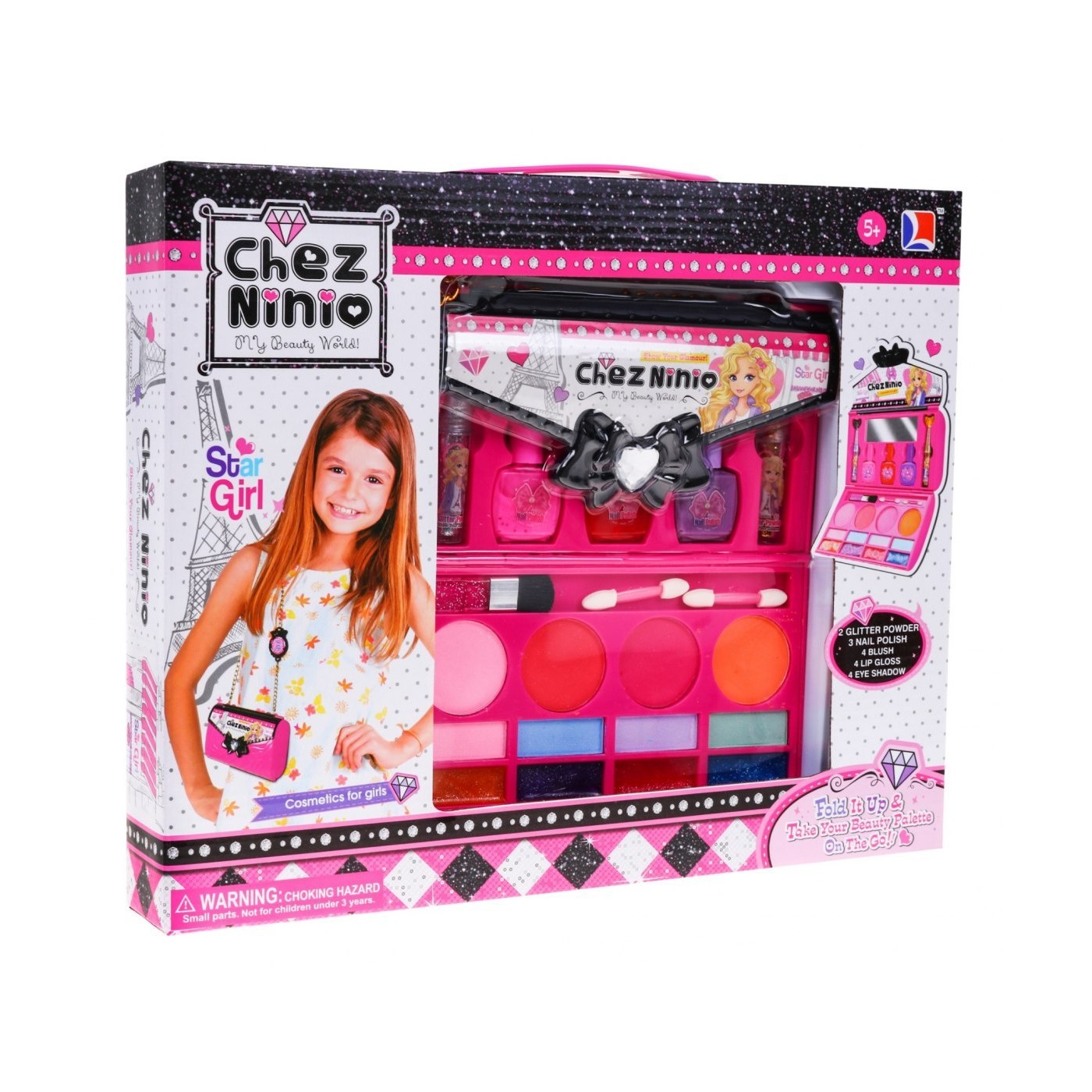 Sada na make-up růžová taštička pro děti 5+ Barevná kosmetika + doplňky