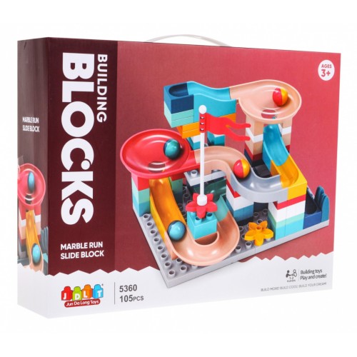 Stavební bloky pro dětskou kuličkovou dráhu 3+ nálevkové zvedací skluzavky + základna + příslušenství 105 el.