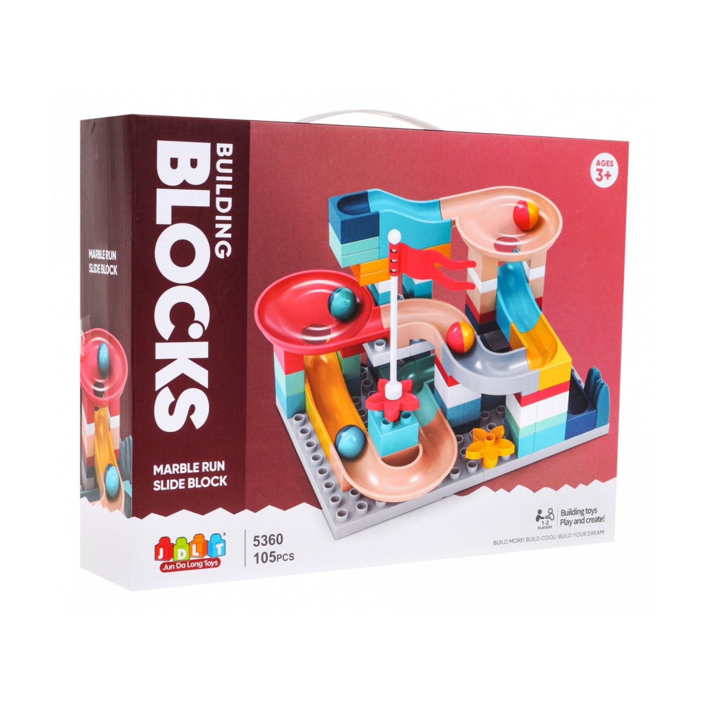 Stavební bloky pro dětskou kuličkovou dráhu 3+ nálevkové zvedací skluzavky + základna + příslušenství 105 el.