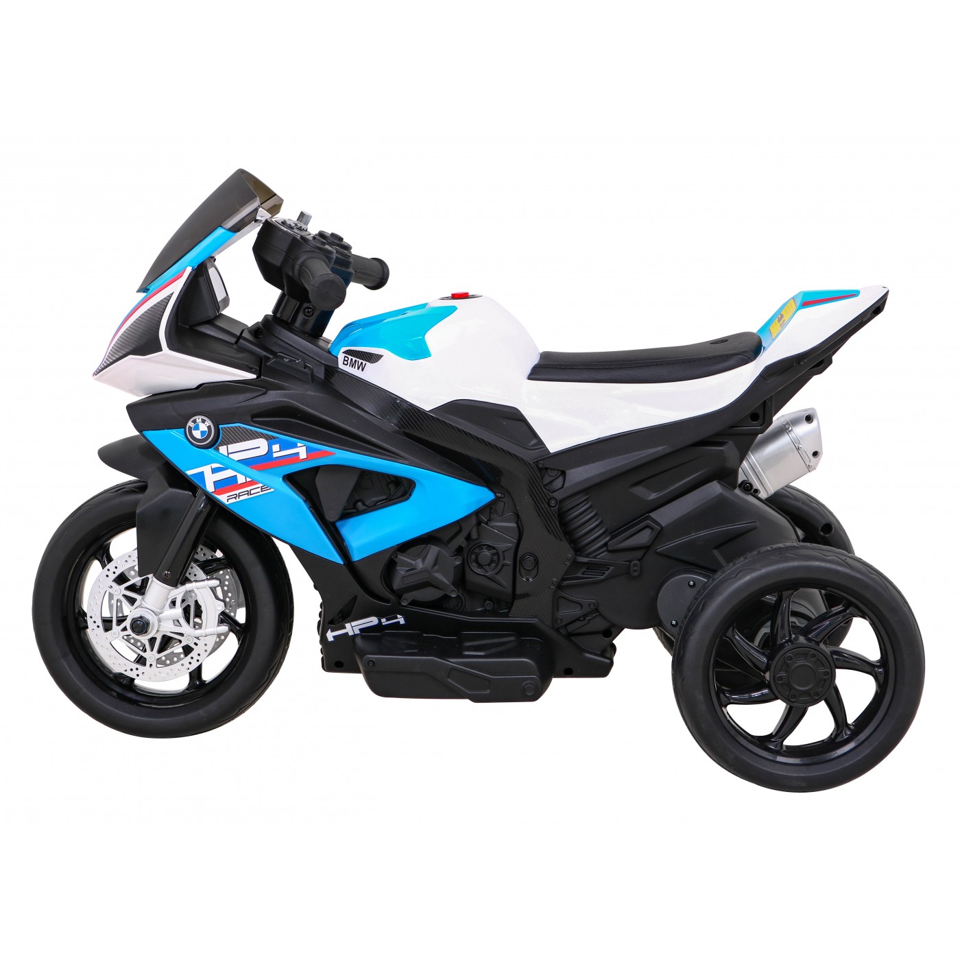 BMW HP4 dětský bateriový motor modrý + 3 kola + LED + MP3 USB + ekologická kůže
