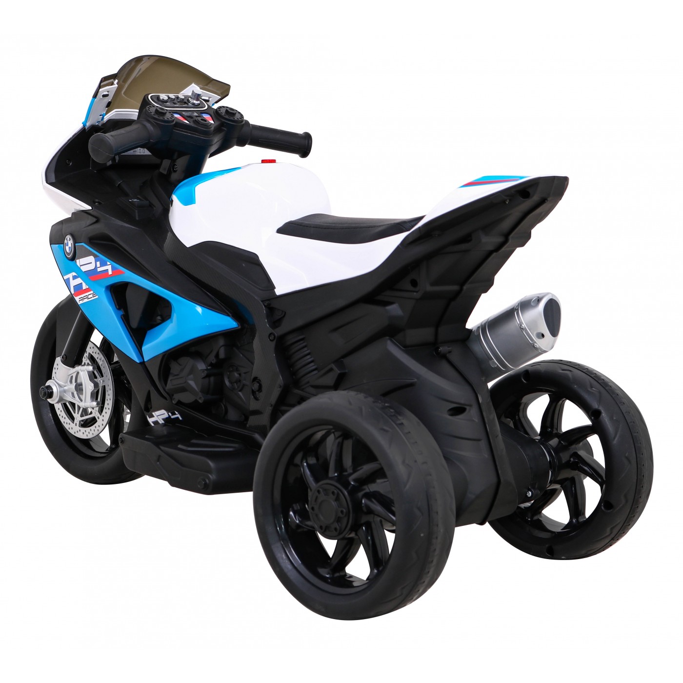 BMW HP4 dětský bateriový motor modrý + 3 kola + LED + MP3 USB + ekologická kůže