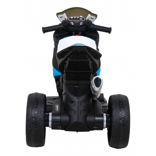 BMW HP4 dětský bateriový motor modrý + 3 kola + LED + MP3 USB + ekologická kůže