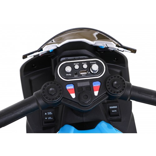 BMW HP4 dětský bateriový motor modrý + 3 kola + LED + MP3 USB + ekologická kůže