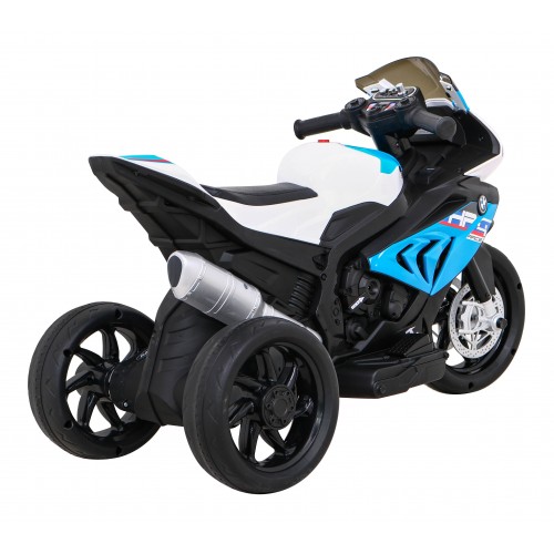 BMW HP4 dětský bateriový motor modrý + 3 kola + LED + MP3 USB + ekologická kůže