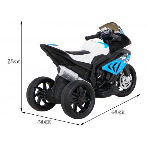 BMW HP4 dětský bateriový motor modrý + 3 kola + LED + MP3 USB + ekologická kůže