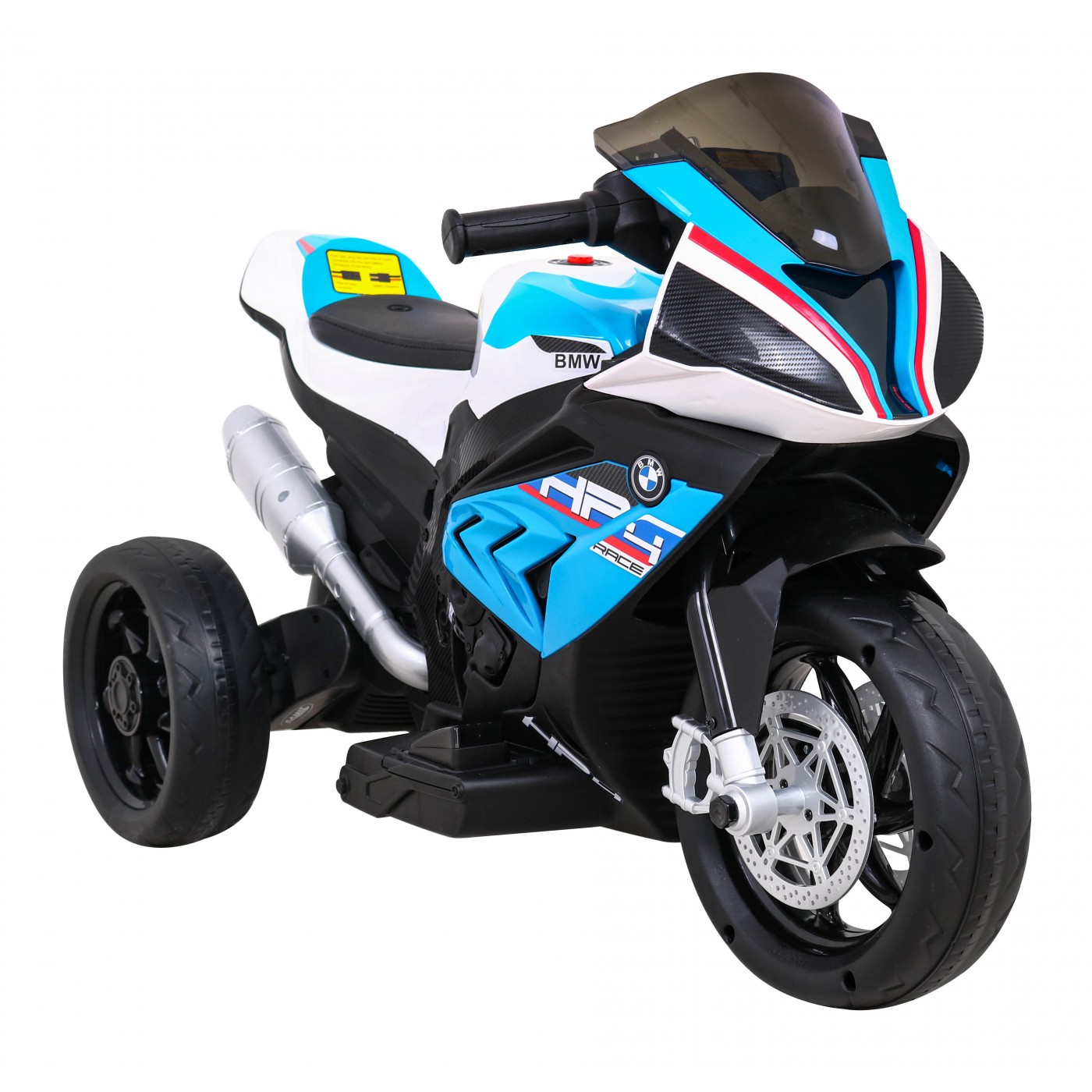 BMW HP4 dětský bateriový motor modrý + 3 kola + LED + MP3 USB + ekologická kůže