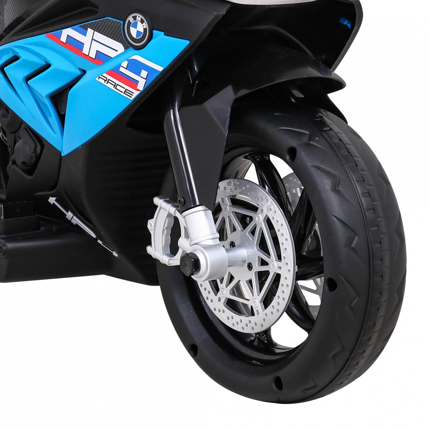 BMW HP4 dětský bateriový motor modrý + 3 kola + LED + MP3 USB + ekologická kůže