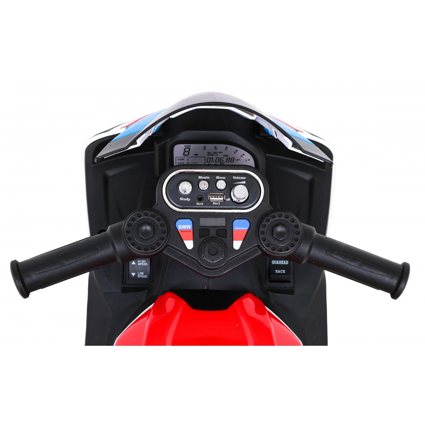 Dětský bateriový motor BMW HP4 červený + 3 kola + LED + MP3 USB + eko-kůže