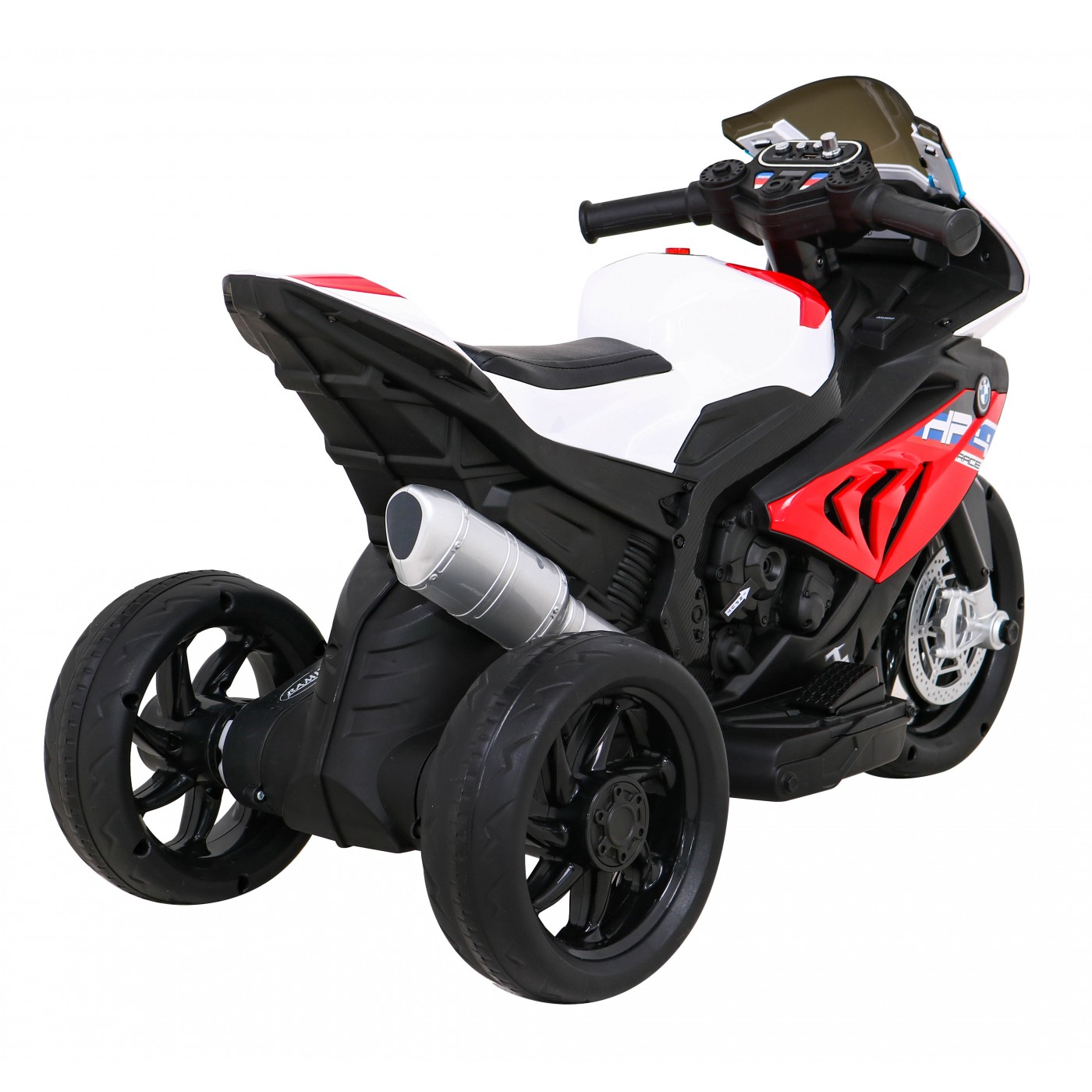 Dětský bateriový motor BMW HP4 červený + 3 kola + LED + MP3 USB + eko-kůže