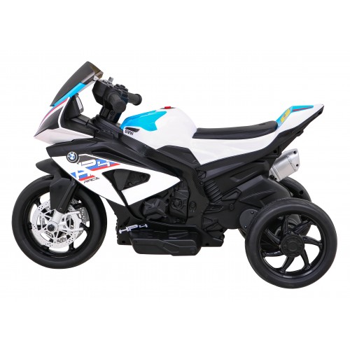 Dětský bateriový motor BMW HP4 bílý + 3 kola + LED + MP3 USB + eko-kůže