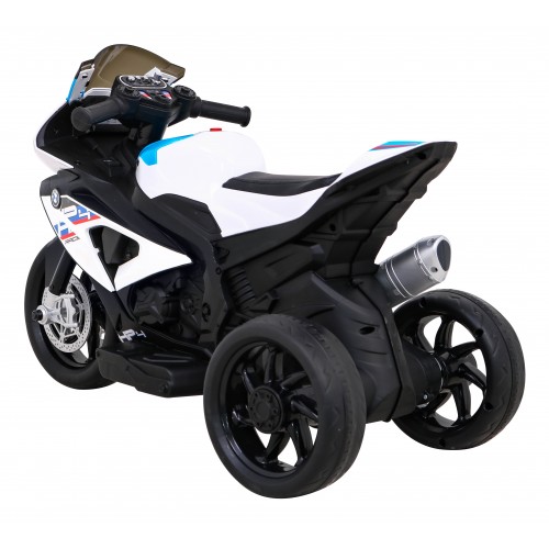 Dětský bateriový motor BMW HP4 bílý + 3 kola + LED + MP3 USB + eko-kůže