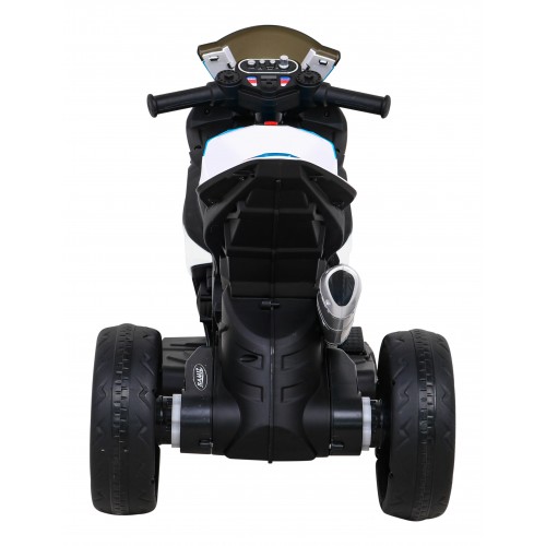 Dětský bateriový motor BMW HP4 bílý + 3 kola + LED + MP3 USB + eko-kůže
