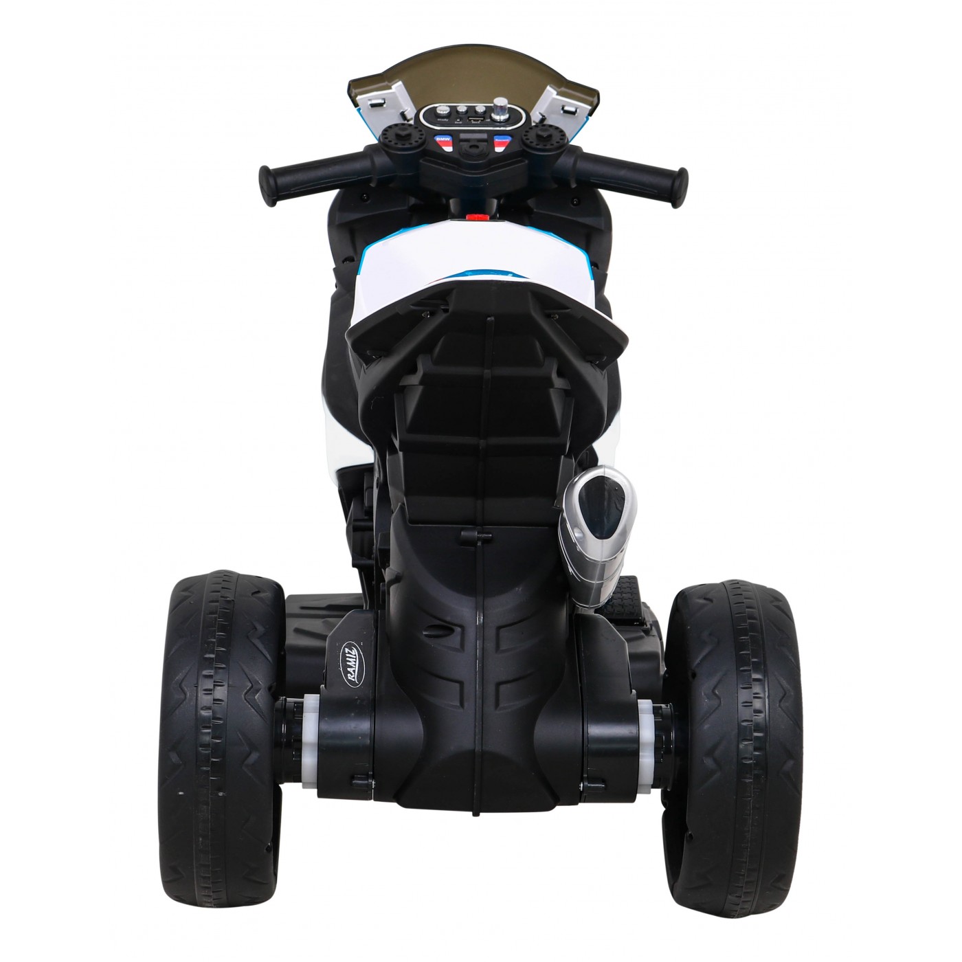 Dětský bateriový motor BMW HP4 bílý + 3 kola + LED + MP3 USB + eko-kůže