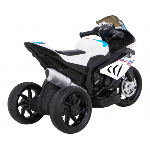 Dětský bateriový motor BMW HP4 bílý + 3 kola + LED + MP3 USB + eko-kůže