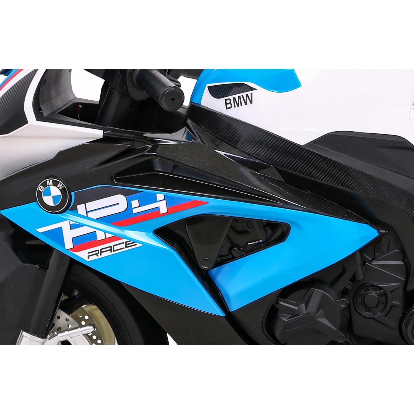 BMW HP4 dětský bateriový motor modrý + přídavná kola + pomalý start + EVA + MP3 LED
