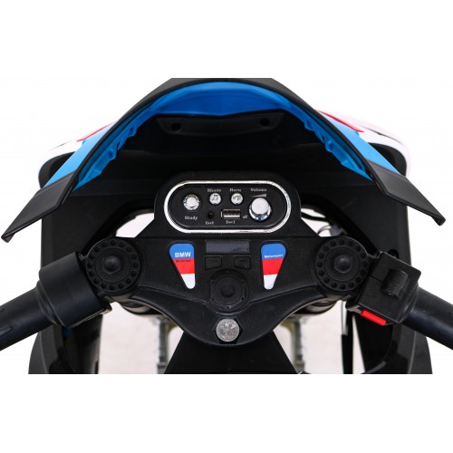 BMW HP4 dětský bateriový motor modrý + přídavná kola + pomalý start + EVA + MP3 LED