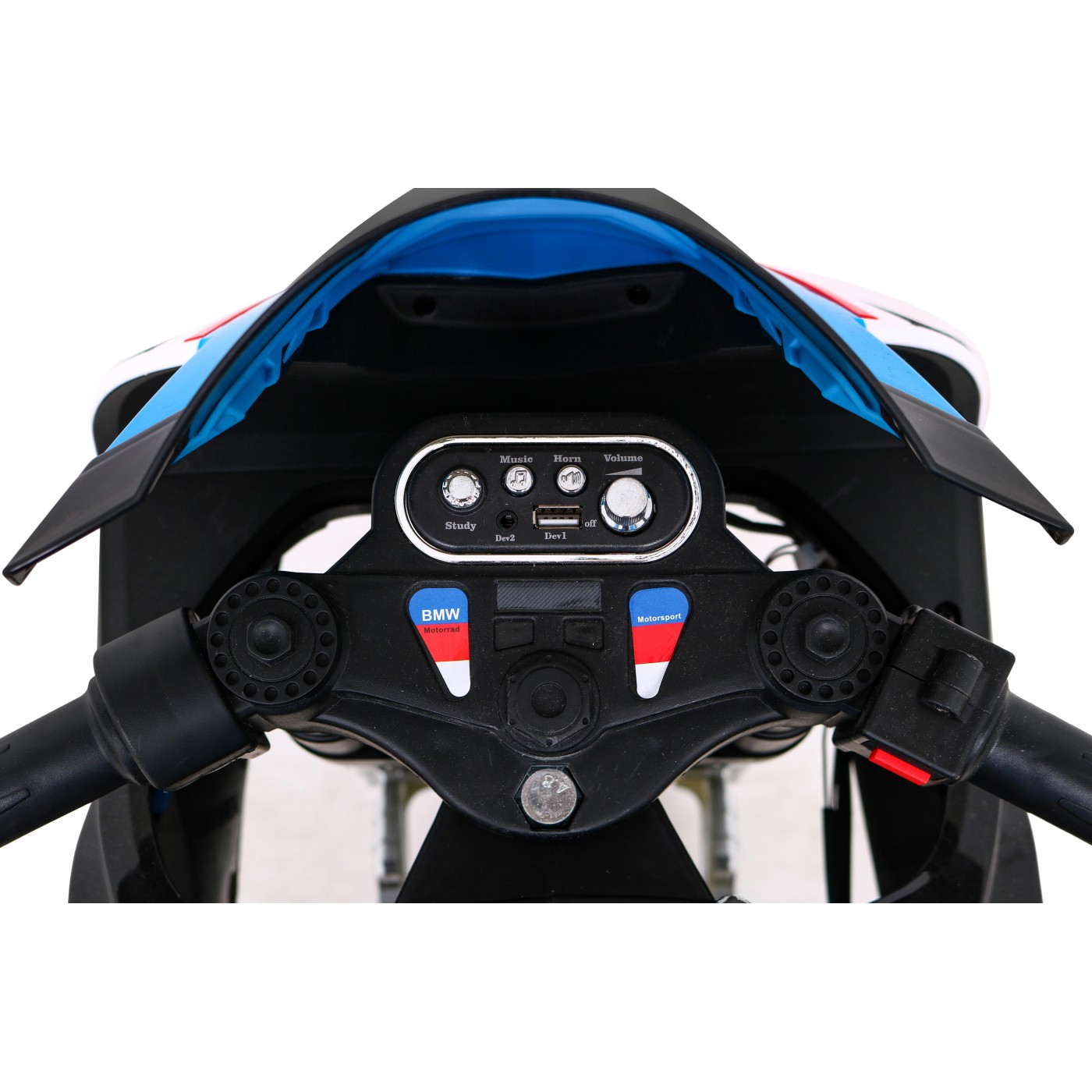 BMW HP4 dětský bateriový motor modrý + přídavná kola + pomalý start + EVA + MP3 LED