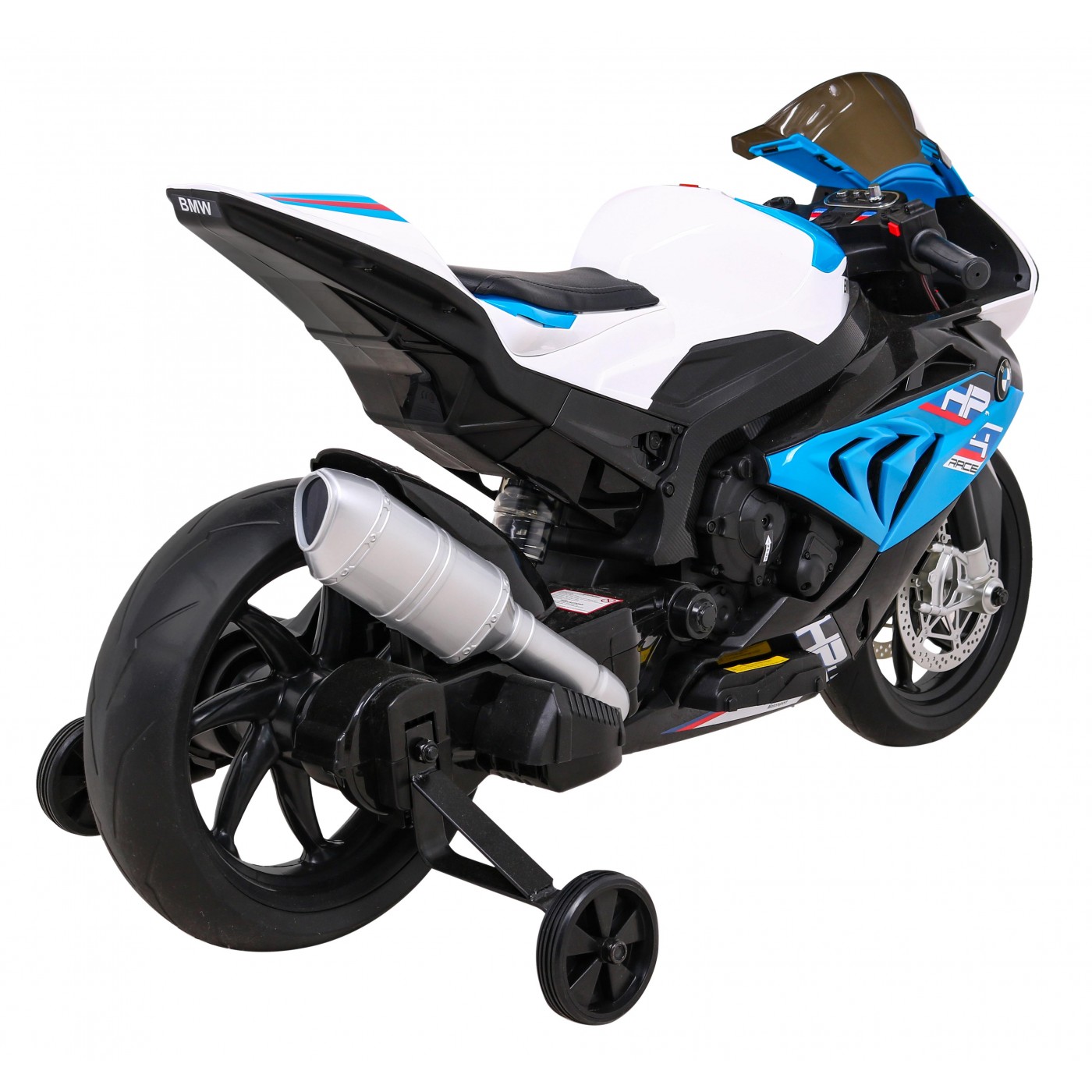 BMW HP4 dětský bateriový motor modrý + přídavná kola + pomalý start + EVA + MP3 LED