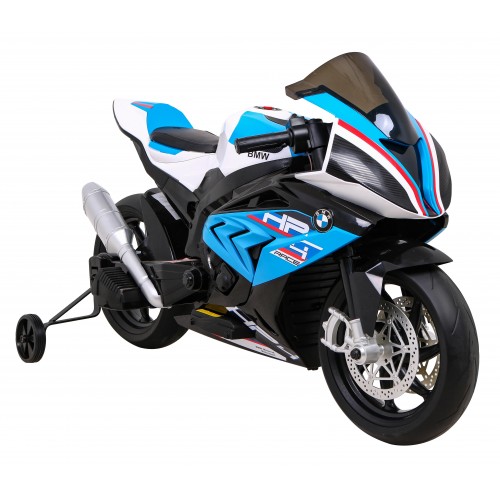 BMW HP4 dětský bateriový motor modrý + přídavná kola + pomalý start + EVA + MP3 LED