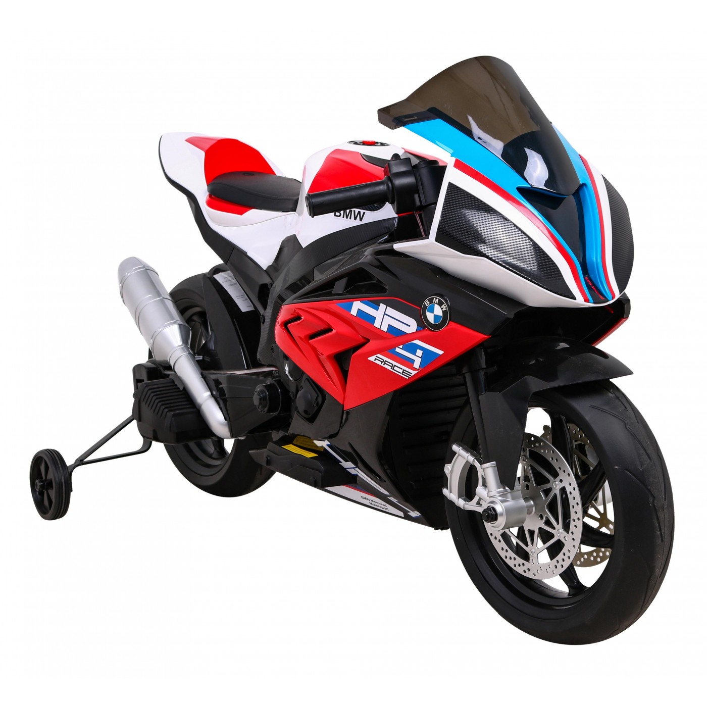 Dětský bateriový motor BMW HP4 červený + přídavná kola + pomalý start + EVA + MP3 LED