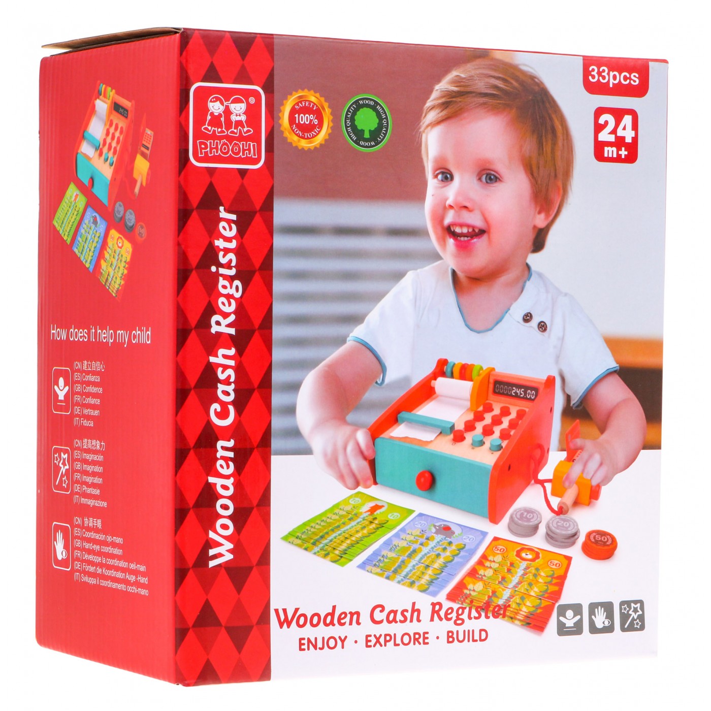 Dřevěná dětská pokladna 2+ zatahovací zásuvka + pult + terminál + čtečka + příslušenství