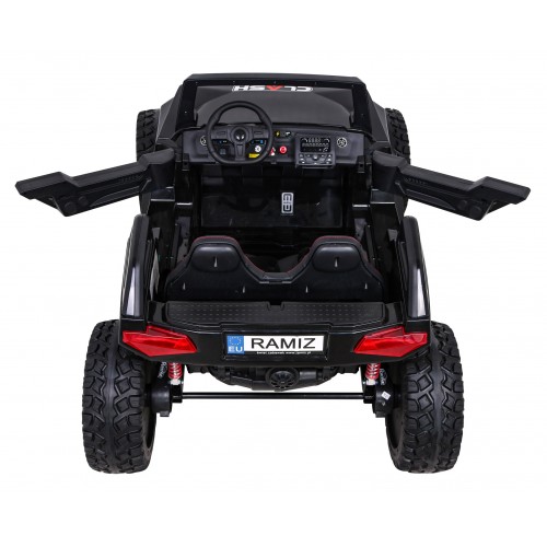 2 dětské baterie Buggy Clash černý + dálkové ovládání + 4x4 + nastavení sedadla + MP3 rádio + LED