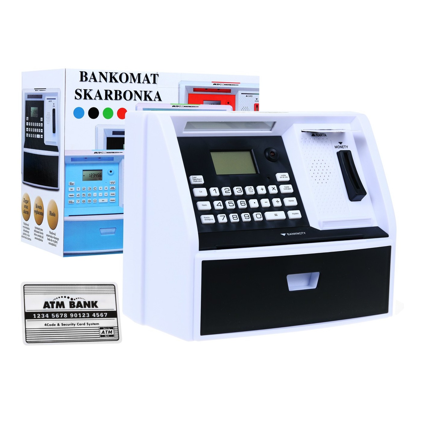 Bankomat s kartou pokladnička Piggy Bank pro děti 3+ černé interaktivní funkce + režim šetření
