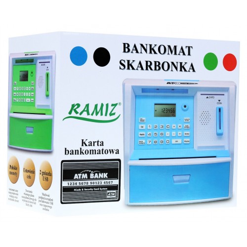 Bankomat s kartou pokladnička Piggy Bank pro děti 3+ černé interaktivní funkce + režim šetření