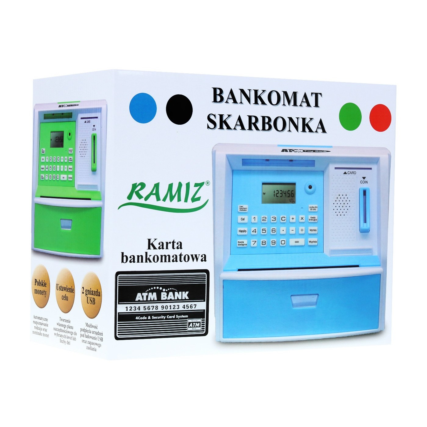 Bankomat s kartou pokladnička Piggy Bank pro děti 3+ černé interaktivní funkce + režim šetření